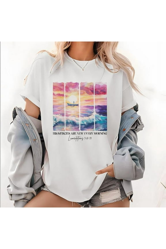 Christian Inspirational Graphic Tees - "His Mercies Are New Every Morning" Lamentations 3:23 Scripture Print Shirts Casual Pattern Classic Tops(S-5XL)