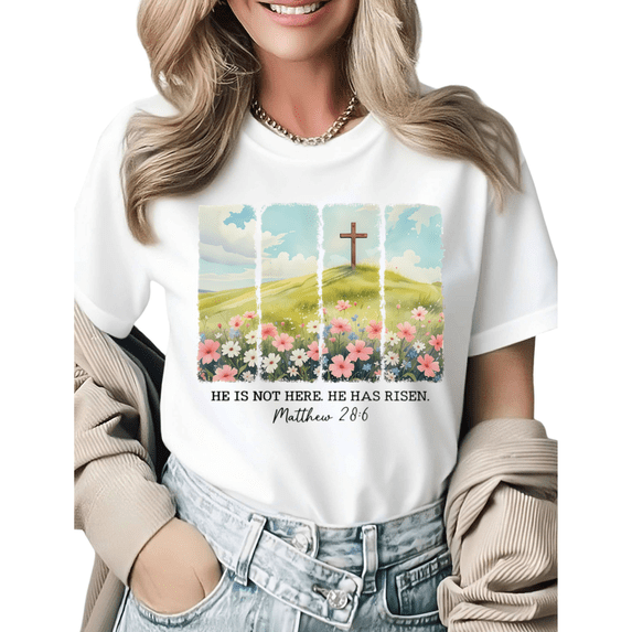 Faith Based He Has Risen Easter Cross Graphic Tees Womans Tshirt Shirts Black White S-5XL Tops