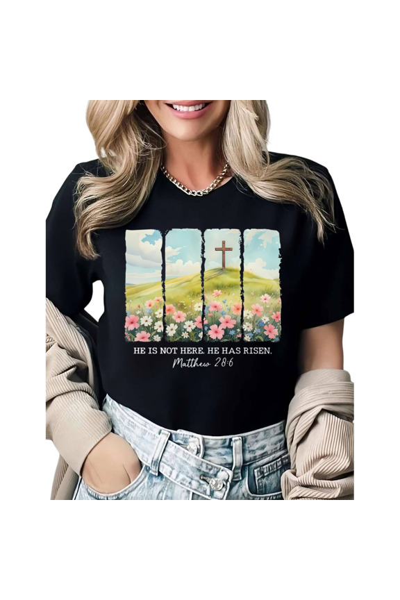 Faith Based He Has Risen Easter Cross Graphic Tees Womans Tshirt Shirts Black White S-5XL Tops