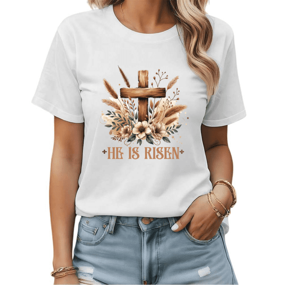 Faith Based He Is Risen Easter Cross Graphic Tees Womans Tshirt Shirts Black White S-5XL Tops