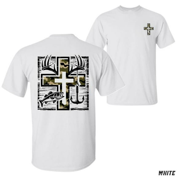 Outdoor Christian Apparel - Camo Cross Angler Graphic Tee, Soft Cotton Relaxed Fit Tops for Men & Women Who Love Nature & God