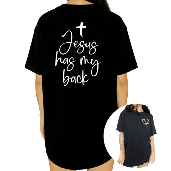 Faith Based Jesus Cross Heart Print Womens Short Sleeve T-Shirt Oversized Black Tops
