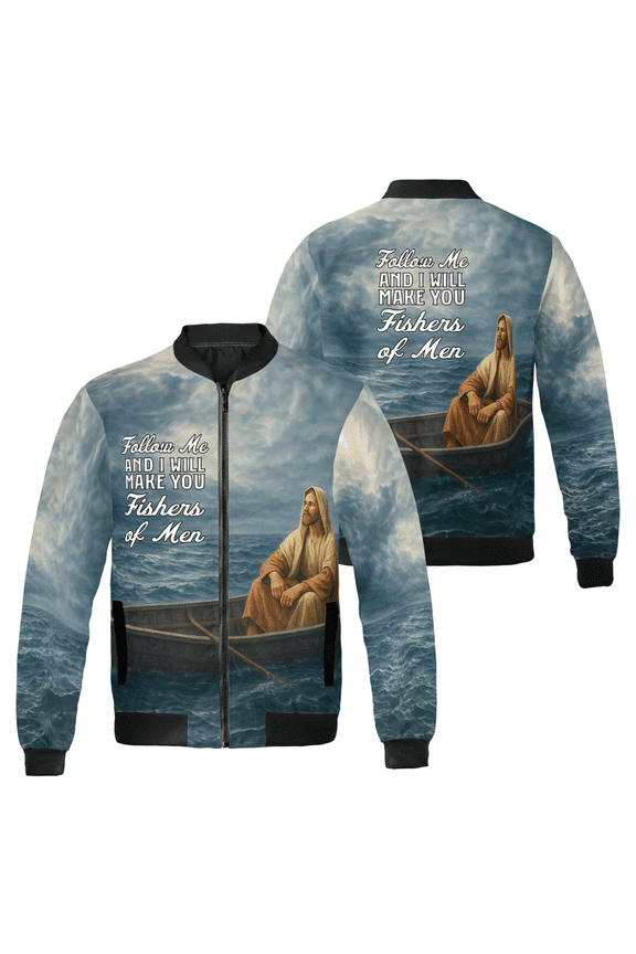 Faith-Based Religious Christian Bomber Jacket – Follow Me And I Will Make You Fishers of Men, Jesus in Boat Design Outerwear