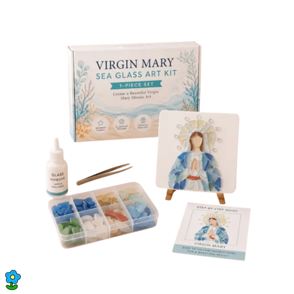Faith-Based Sea Glass Mosaic Kits For Adults With 4×4 Inch Board, Premium Sea Glass For Crafts, Beginner DIY Handcraft, Spiritual Tabletop Home Decor For Prayer Corners & Religious Gifts-F