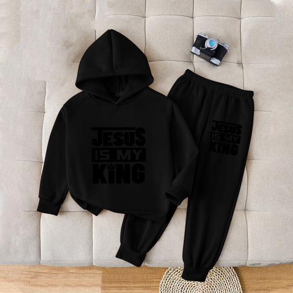 Faith-Based Unisex Kids 100% Cotton 2-Piece Hoodie & Jogger Set - Jesus Themed Casual Outfit for 2-8 Years, Black,Size 4-5 T