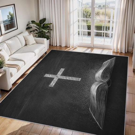 Faith Book Cross Area Rug, Religious Christian Cross Design Indoor Carpet, Washable Non Slip Low Pile Soft Thin Rug for Living Room Bedroom Home Decor Mat 5x8ft