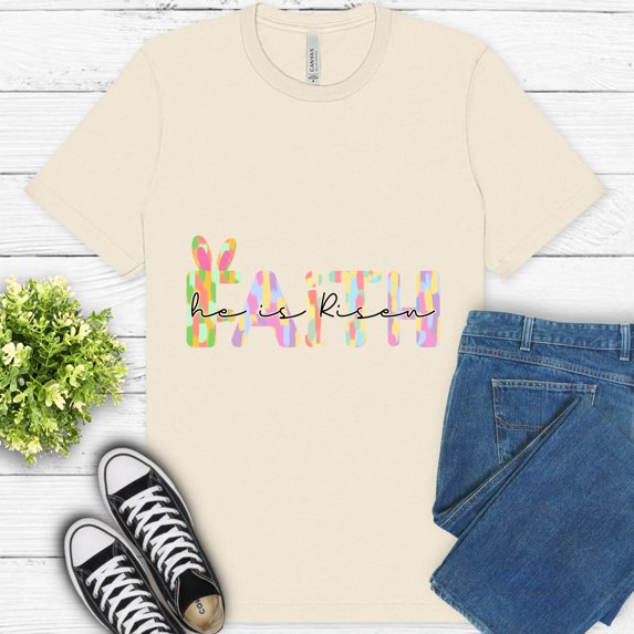 Faith Bunny Graphic T-Shirt for Women | Colorful Christian Scripture Tee, Natural, S