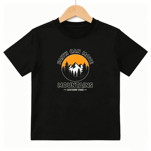 Faith Can Move Mountains Boys Graphic Tee, Retro Christian Matthew 100% Cotton Kids Short Sleeve T-Shirt 4-13Y