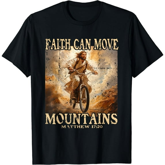 Faith Can Move Mountains Jesus on the Cycle Funny Christian T-Shirt Black Small