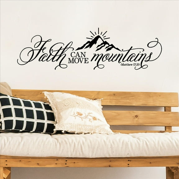 Faith Can Move Mountains Matthew 17:20 with Mountains and Sun Rays Bible verse scripture decals Vinyl Lettering Wall Decal - Size 10"H x 35"L - Color: Black