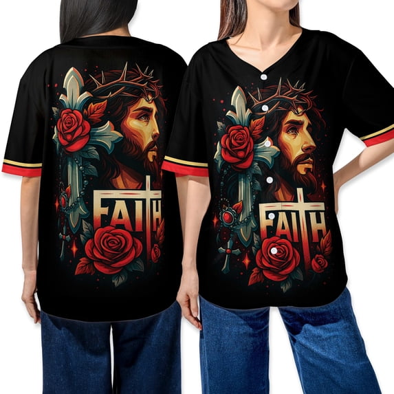 Faith Christian Baseball Jersey Shirt – Jesus Cross With Roses Graphic Button Down Jersey