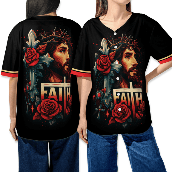 Faith Christian Baseball Jersey Shirt – Jesus Cross With Roses Graphic Button Down Jersey