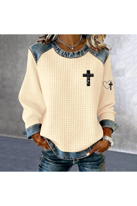 Faith Christian Sweatshirts Denim Patchwork Sweatshirts Denim Spliced Shirt Faith Wear Color Blocked Sweatshirt Denim Collar Cuffs Loose Sweatshirt Denim Crewneck Pullover Pullover Top Beige M