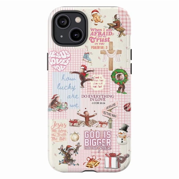 Faith & Christmas Curious Monkey Collage Phone Case, God Is Bigger Quote Cover for iPhone 17 16 15 14 13 12 11 Pro Max