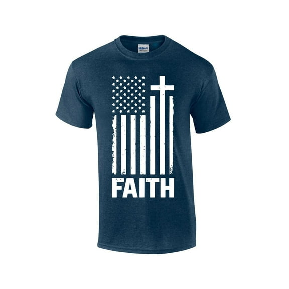Faith Cross American Flag Christian Short Sleeve T-shirt Graphic Tee Graphic Tee-Heather Navy-large