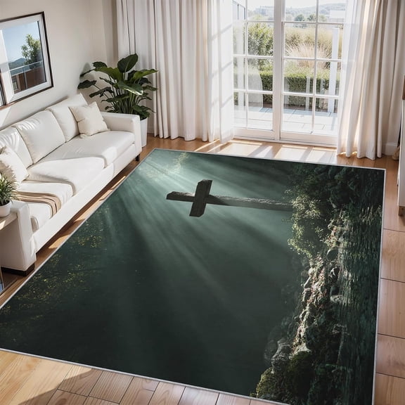 Faith Cross Area Rug, Religious Christian Cross Indoor Carpet, Washable Non Slip Low Pile Soft Thin Rug for Living Room Bedroom Home Decor Mat 5x8ft