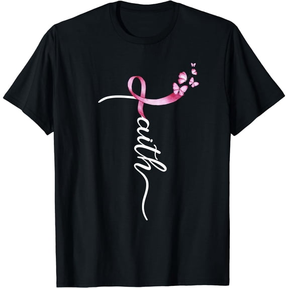 Faith Cross Breast Cancer Awareness Ribbon Christian Warrior T-Shirt Black Small