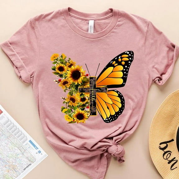 Faith Cross Butterfly Sunflower T-Shirt: Christian Graphic Tee All Size S-5Xl