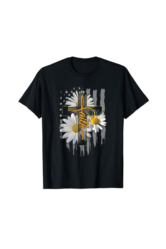 Faith Cross Casual Cross Daisy US Flag Floral T-Shirt