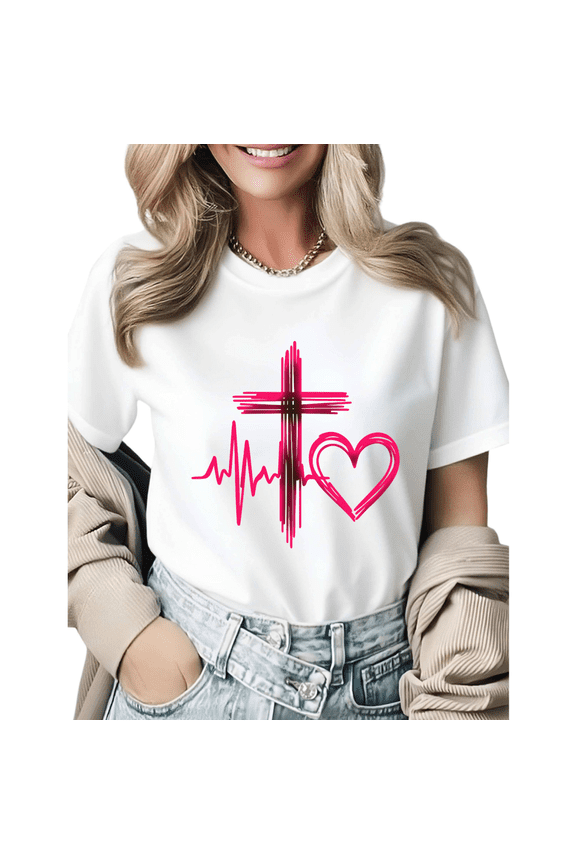 Faith Cross Heartbeat Graphic Tees Womens T shirt White/Black S-5XL Shirts Casual Religious Tops
