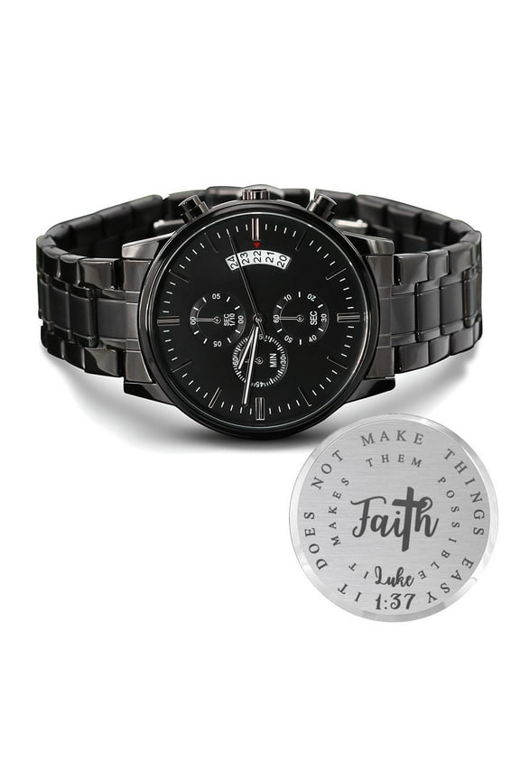 Faith Cross Luke Engraved Bible Verse Men's Watch Multifunction Stainless Steel W Copper Dial
