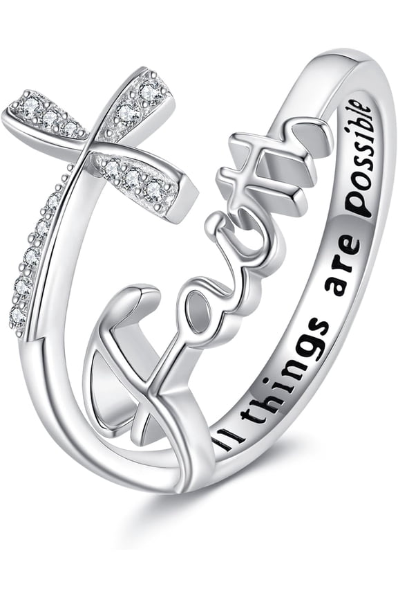 Faith Cross Ring 925 Sterling Sliver Christian Rings Religious Inspiring Jewelry Gifts for Women Female Mother Lover