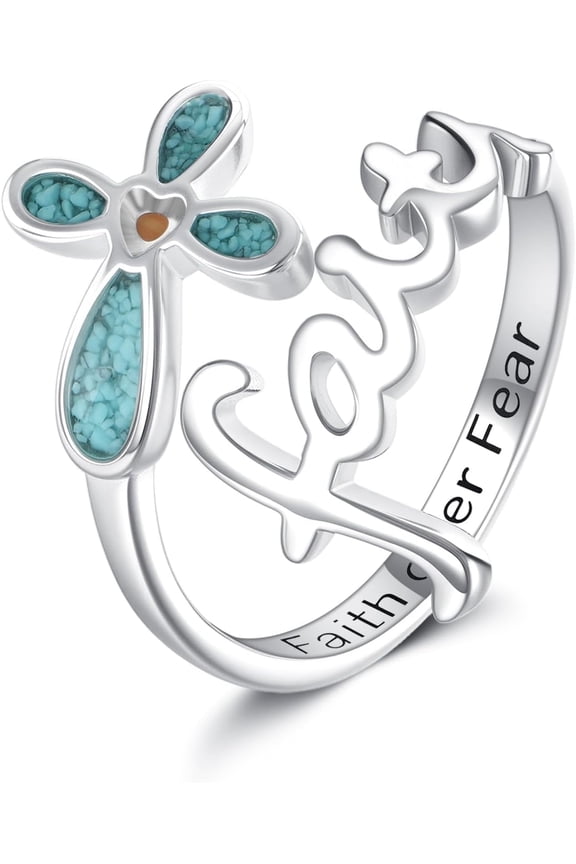 Faith Cross Ring S925 Sterling Silver Mustard Seed Faith Cross Ring Adjustable Open Rings Turquoise Jewelry Christian Gift For Women Female