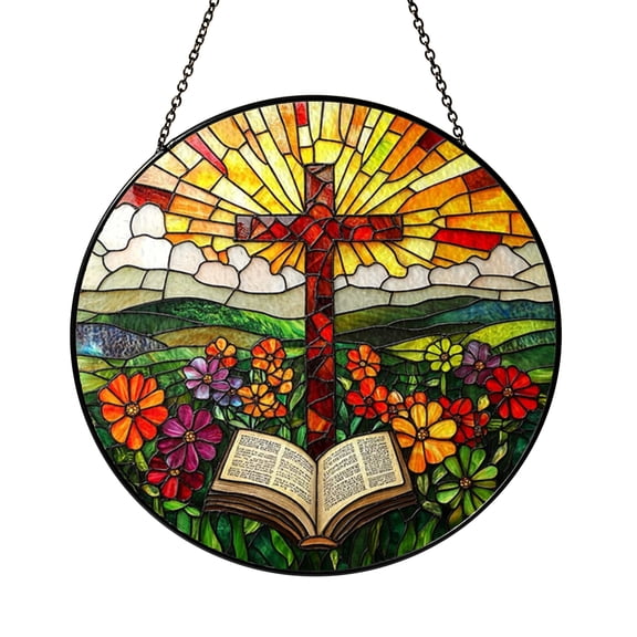 Faith Cross Suncatcher Window Hanging, Vibrant Stained Glass Style Religious Decor, Gift Idea