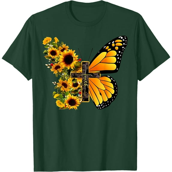 Faith Cross Sunflower Butterfly Christian Vintage Softstyle Unisex T-Shirt,Forest Green Color,Size 2XL