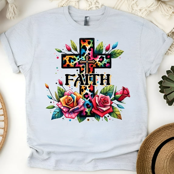Faith Cross T-Shirt for Women, Christian Leopard Print Cross with Roses Tee, Ash, Size 2XL