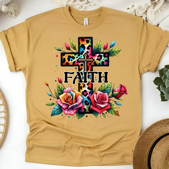 Faith Cross T-Shirt for Women, Christian Leopard Print Cross with Roses Tee, Gold, Size 2XL