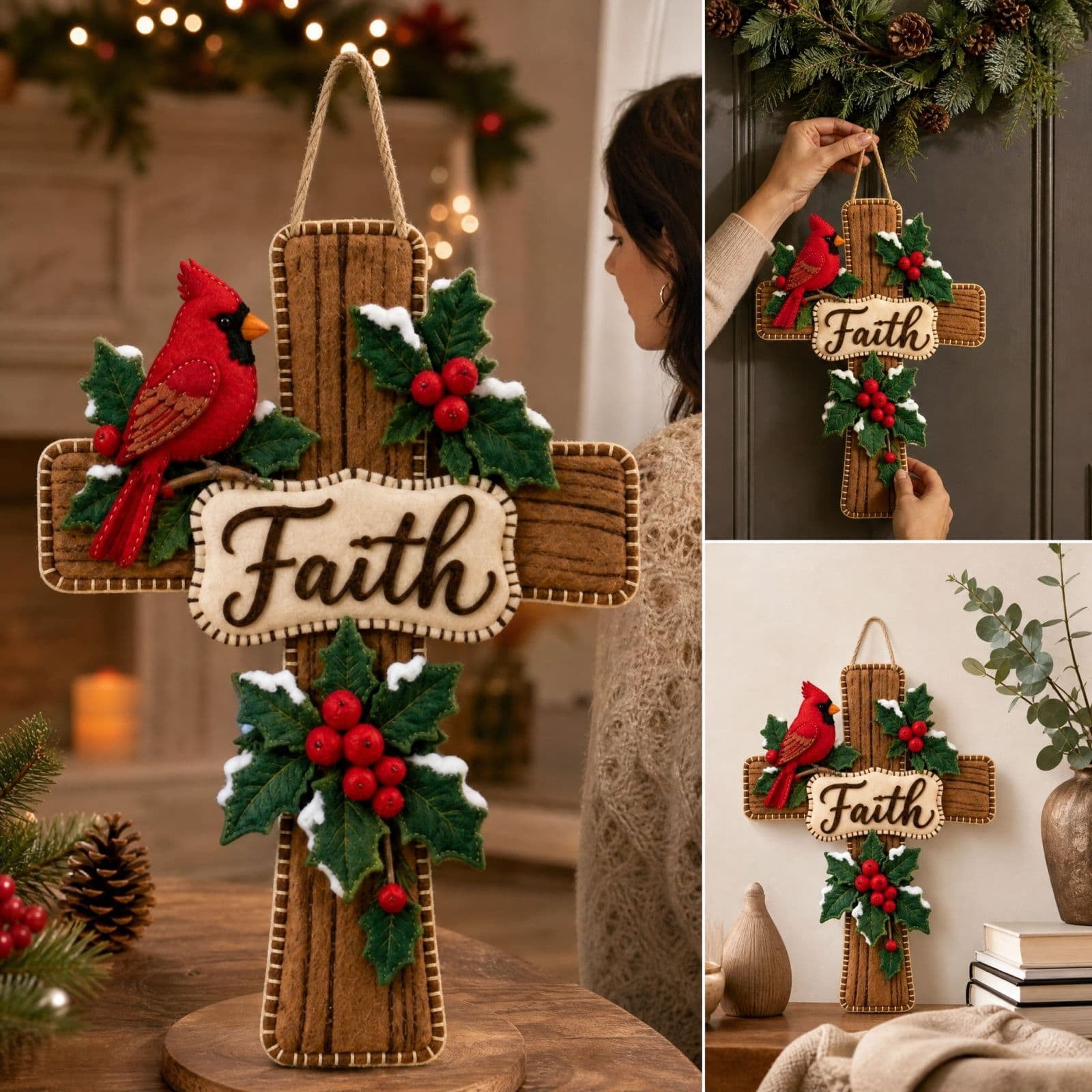 Faith Cross Wall Hanging Decoration, Wooden Look Crucifix with Cardinal ...
