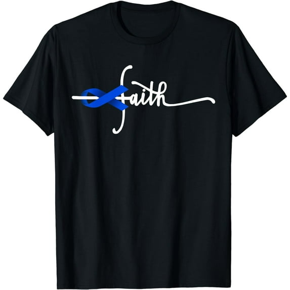 Faith Cross Warrior Survivor Blue Ribbon Colon Cancer T-Shirt