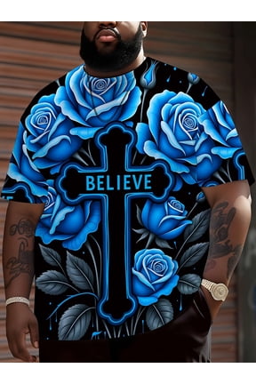 Faith Cross and Blue Rose Religious Motif Men's T-Shirt, Christian Themed Apparel, Black Backing Bright Floral Design, Plus Size