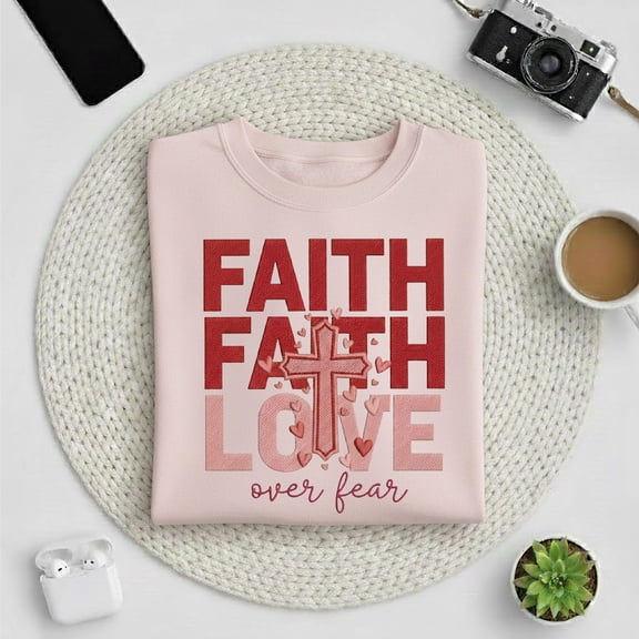 Faith Faith Love Over Fear Embroidered Sweatshirt, Christian Cross Crewneck, Faith Based Embroidery Sweater, Religious Gift for Women