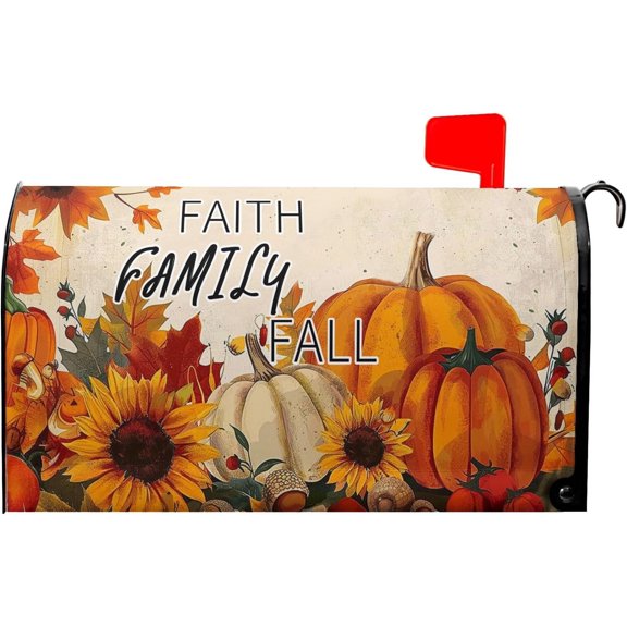 Faith Family Fall Mailbox Covers Magnetic Standard Size 18"" X 21"", Autumn Sunflower Maple Leaf Pumpkin Mailbox Wraps Post Letter Box Cover for Holiday Garden Yard Decor