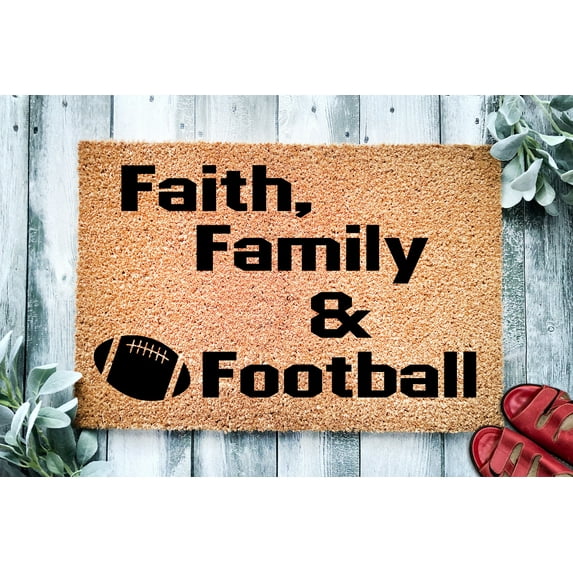 Faith, Family, & Football | Funny Doormat | Welcome Mat | Funny Door Mat | Funny Gift | Home Doormat | Closing Gift | Foot Ball