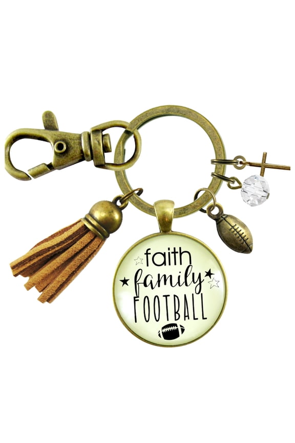Faith Family Football Keychain Sports Themed Rustic Jewelry For Women Cross Ball Tassel Gift