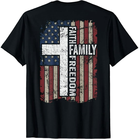 Faith Family Freedom - Christian Vintage USA Flag - ON BACK T-Shirt