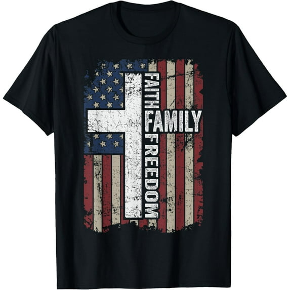 Faith Family Freedom - Patriotic Christian Vintage USA Flag T-Shirt100% pure cotton