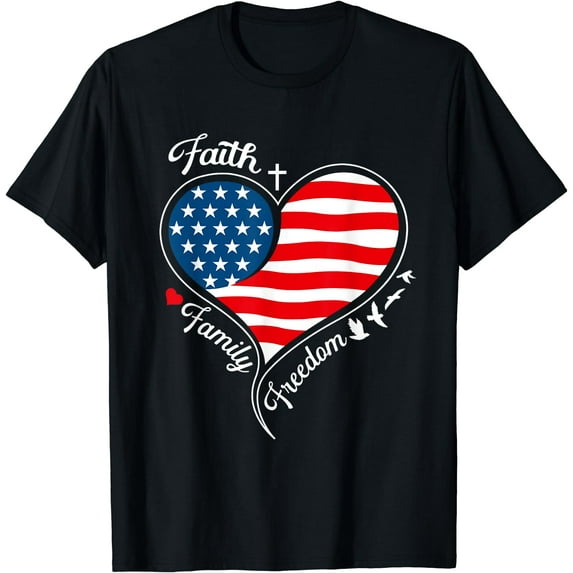Faith - Family - Freedom Patriotic Cross Heart American Flag T-Shirt Black Small