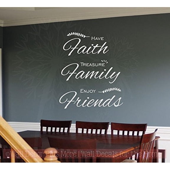 Faith Family Friends Wall Decals Vinyl Sticker Wall Words with Laurel Leaf, Light Gray, 28x23-Inch