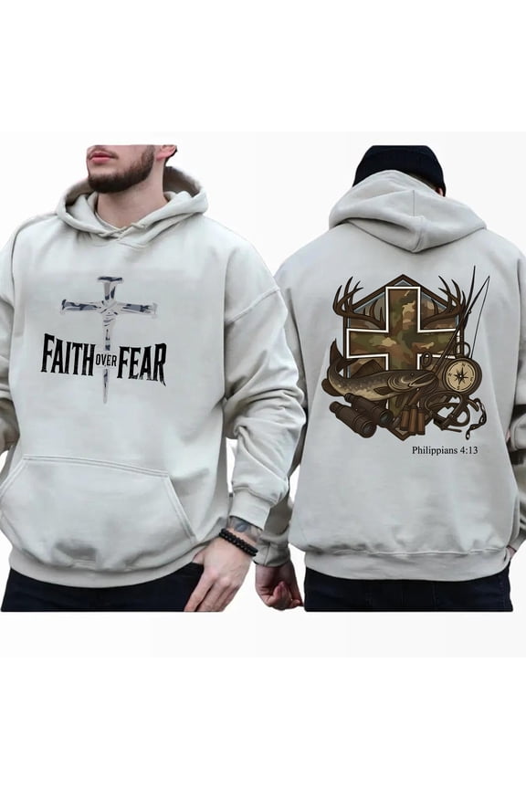 Faith Over Fear Christian Double Sided Hoodie – Camo Cross & Fishing Graphic, Philippians 4:13 Bible Verse Hunting Pullover for Men & Women, Faith-Inspired Outdoors Hoodie