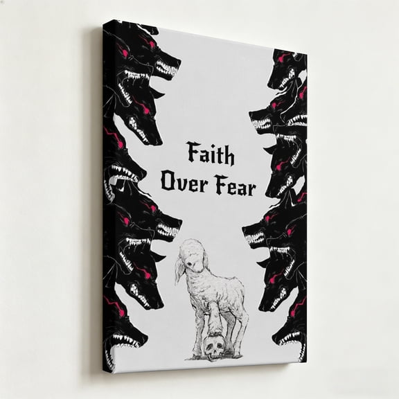 "Faith Over Fear" Christian Lamb and Wolves Canvas Wall Art, Gothic Script Spiritual Line Art Matte Finish Gallery Wrapped, Modern Biblical Allegory Decor 8*12