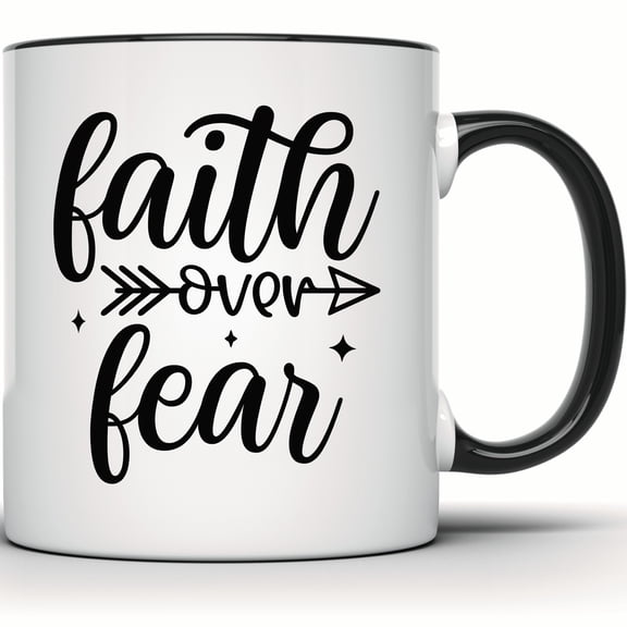 Faith Over Fear Mug - Inspirational Christian Gift, Cute Positive Coffee Mug for Her, Arrow Design - 11 Ounce Black Rim Handle Novelty Coffee Cup - WMUG0953-BLK