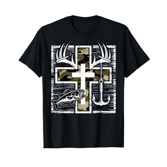 Faith Fishing Hunting Camo Cross with Hook and Bass Graphic T-Shirt for Outdoor Enthusiasts