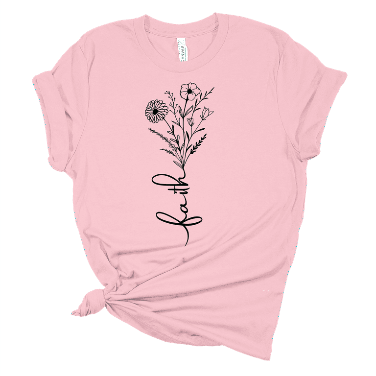 Faith Floral Christian Unisex Ladies Tee-Light T-shirt Graphic Bouquet Pink-small Design