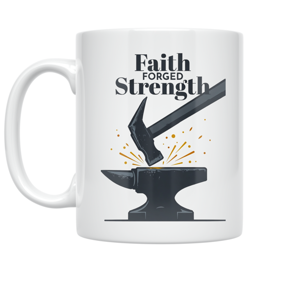 Faith Forged Strength Hammer Anvil Design - Biblical Masculinity - 11 oz Ceramic Coffee Mug