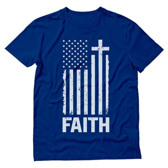Faith & Freedom American Flag Patriotic Christian T-Shirt - Distressed White USA Cross - Perfect Independence Day Apparel - Ideal Gift for Men - Comfortable Christian Clothing - XXXX-Large Blue