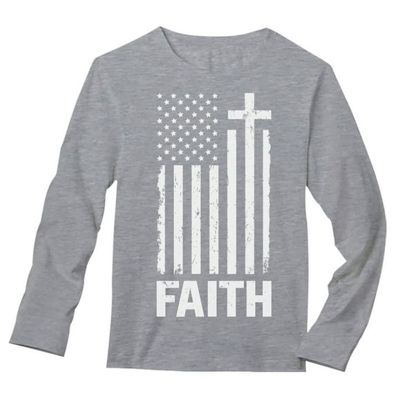 Faith & Freedom - Men's 4th of July Distressed White USA Flag Cross Long Sleeve T-Shirt - Christian Faith - Patriotic Attire in Breathable Fabric - Celebrate Independence Day in Style - Small Gray